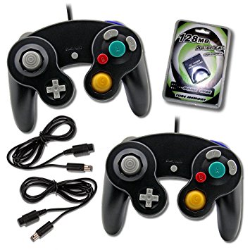 2 Black Game Cube Controllers with Extention BLack   2 extention   Memory (2-BLK)