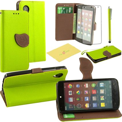 Fulland Leaf Style PU Leather Flip Card Holder Wallet Stand Case with Stylus Pen and Screen Protector for Google Nexus 5 - Green