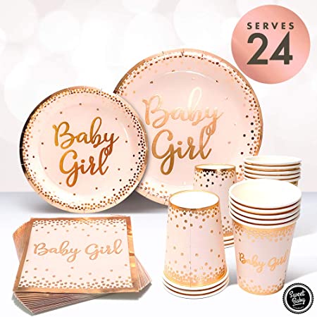 Sweet Baby Co. Baby Shower Plates and Napkins Girl for 24 With Rose Gold Pink Paper Plates, Dessert Plate, Napkins, Disposable Cups for Tea Party Supplies or Floral Decorations or Girls Birthday Set