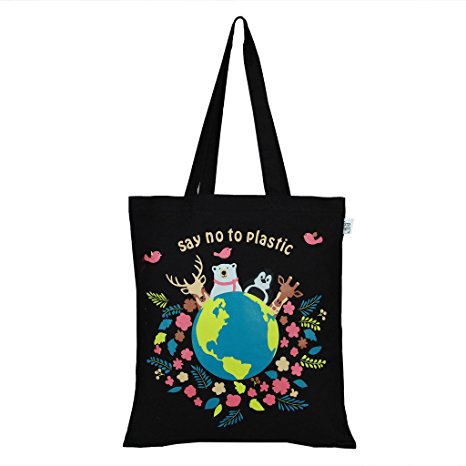 EcoRight Reusable 100% Cotton EcoFriendly Tote Bag Printed "Happy Planet" (Black) - 0102G01