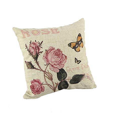Createforlife Home Decor Cotton Linen Square Throw Pillowcase Cushion Cover Pillow Shams Romantic Pink Rose Butterfly 18" x 18"