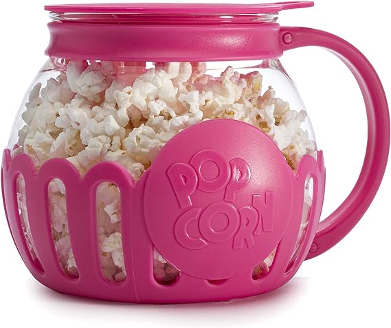 Ecolution Patented Micro-Pop Microwave Popcorn Popper with Temperature Safe Glass, 3-in-1 Lid Measures Kernels and Melts Butter, Made Without BPA, Dishwasher Safe, 1.5-Quart, Pink