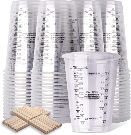 LET'S RESIN Epoxy Resin Mixing Cups, 50pcs 240ml/8oz Disposable Measuring Cups with 50pcs Wooden Stirring Sticks, Plastic Measuring Cups for Liquids, Mixing Resin, Paint, Pigment, Cooking