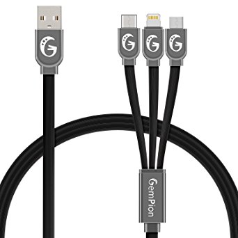 USB Type C / Lightning / Micro 3 in 1 Multi USB Charger, Gempion Fast 1M / 3ft Multiple Universal Charging Cable for iPhone, iPad Android Smartphone New MacBook MP3 with Premium Quality and More