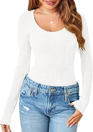 MEROKEETY Women's 2024 Long Sleeve Ribbed Bodysuits Scoop Neck Sexy Slim Body Suits Knit Sweater Tops