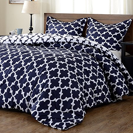 Lightweight Printed Comforter Set (King,Navy) with 2 Pillow Shams - 3-Piece Set - Hypoallergenic Down Alternative Reversible Comforter by downluxe