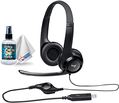 Logitech USB Headset H390 with Noise Cancelling Microphone - Includes Headphone Cleaner with Microfiber Cleaning Cloth - Bundle