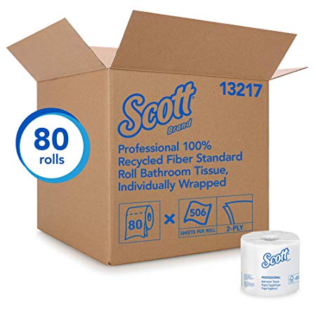 Scott Essential Professional 100% Recycled Fiber Bulk Toilet Paper for Business (13217), 2-PLY Standard Rolls, White, 80 Rolls / Case, 506 Sheets / Roll