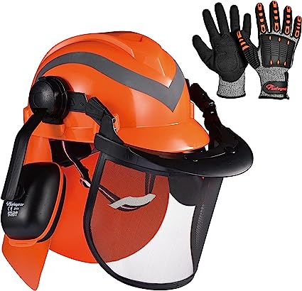 SAFEYEAR Forestry Hard Hat, Cap Style Chainsaw Safety Helmet with 4 Point Ratchet Suspension for Women & Men, with Impact Gloves Adjustable Ear Muffs & Face Shield Visor, Neck Shade (Orange 1 Unit)