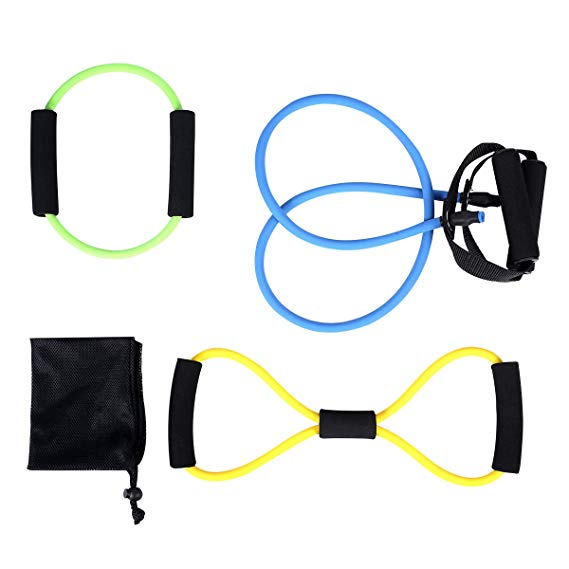ATHLDYN Resistance Band Set 3 Pieces- Exercise Tube Band, Figure 8 Toner Resistance Band, Pilates Ring Magic Circle Exercise Cords for Physical Therapy, Home Workouts, Yoga - 100% Life Time Guarantee