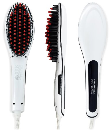 Chromatique Professional Original Hot Straightening Brush CPHSB26 LCD Adjustable Temperature Ionic Detangling Styling Silky Hair Flat Iron Dual Voltage Electric Heat Straightener Comb White