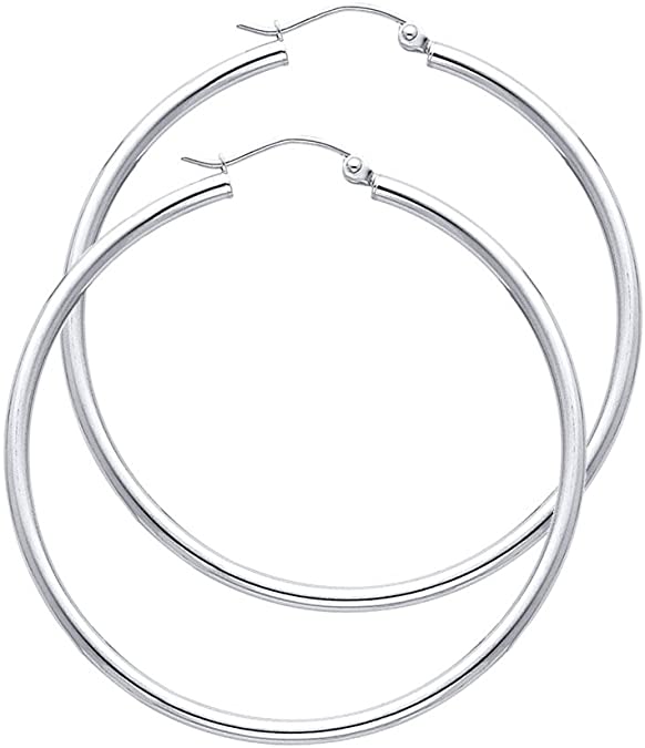 14k REAL White Gold 2mm Thickness Hinged Hoop Earrings - 10 Different Size Available