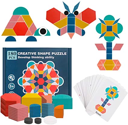 USATDD 180 Pcs Wooden Tangrams Pattern Blocks Set Geometric Manipulative Shape Puzzle Kindergarten Classic Educational Montessori Toys for Kids Toddlers Ages 4-8 with 24 Pcs Flash Cards