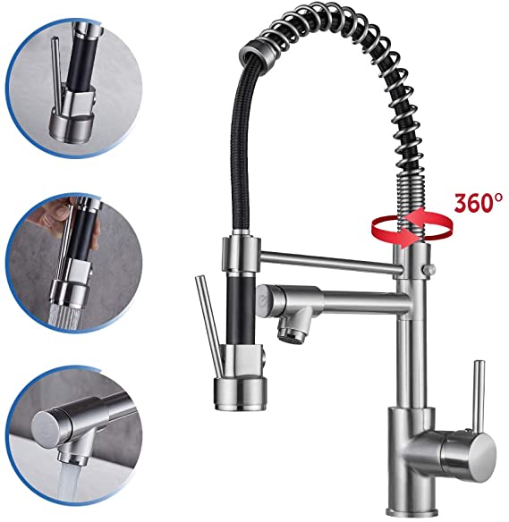 TRUSTLIFE Kitchen Sink Faucets High Arc Single Level Lead Free Commercial Kitchen Taps with Pull Down Sprayer Spring Brushed Nickel Solid Brass