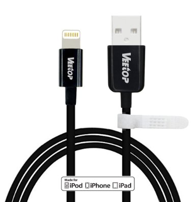 (MFI Licensed)- Veetop® 8 pin 3.3ft/1.0m Sync Charger USB Lightning Data cable for iPhone 6, 6 plus, 5, 5c, 5s, iPad Air,iPad Retina, iPad mini, iPad mini Retina, iPod Nano 7, iPod Touch 5 (With Velcro Wrap)(1.0m Black/iPhone 5S cable)