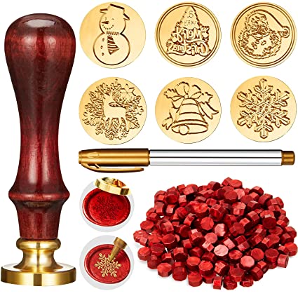 208 Pieces Christmas Wax Seal Stamp Kit, Include 6 Pieces Wax Stamp Brass Heads with Wooden Hilt, 200 Pieces Sealing Wax Beads and Gold Marker Pen for Holiday Decorations (Santa Patterns)