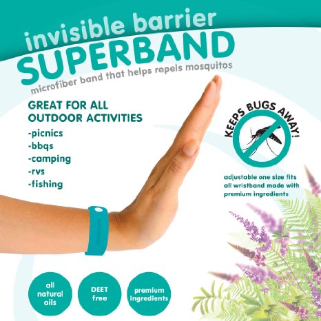 NEW Invisible Barrier Superband - ALL NATURAL Microfiber Insect Repelling Wristband 5 Pack (Blue)