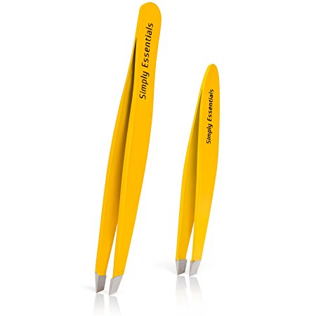 Tweezers Set - Professional Stainless Steel Yellow - Includes CASE and Ebook - Best Surgical Grade for Eyebrow pluckers, Ingrown Hair, Nose Hair, Splinters & Stocking Stuffers!