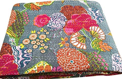 Rajasthali India Gery Kantha Quilt Twin Reversible Bedspread Handmade Cotton Floral Bedsheet Home Décor 90x60 Inches