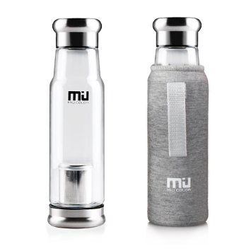 MIU COLOR Stylish Portable Handmade Crystal Glass Water Bottle with Nylon Sleeve 185 Ounces Designed in Switzerland