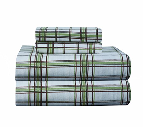 Pointehaven Heavy Weight Printed Flannel Twin Sheet Set, Plaid, Sage