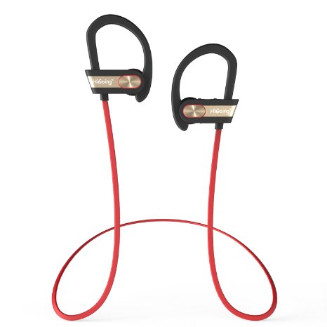 Bluetooth Sports Earphones, HiGoing Wireless Headphones Stereo In-Ear Noise Cancelling Headset Sweatproof Workout Earbuds with Mic Soft Earhook, Red/Gold