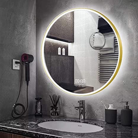 AUPERTO 60cm Round LED Bathroom Mirror - Metal Frame Led Illuminated Makeup Vanity Mirror With Time Display and Touch Dimmble Switch Color Change Temperature, IP44