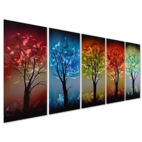 Pure Art From Dusk til Dawn Multi-Colored Tree Metal Wall Art, 3D Wall Art for Modern and Contemporary Decor, Decorative hanging in 5-Panels Measures 24"x 64", Works for Indoor and Outdoor Settings