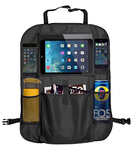 Backseat Car Organizer - Multi-Pocket Travel Storage Pockets Bag Universal Design Seat Back Protectors Seat Saver with Tablet Holder (Black)