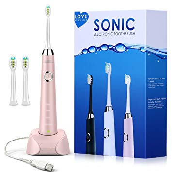 Sonic Electric Toothbrush for Women, USB Rechargeable Toothbrush W/Holder and 2 Replacement Heads, 4 Modes with 2 Min Built in Timer, Fast Charging and IPX7 Waterproof, Pink, Powered by Hanasco