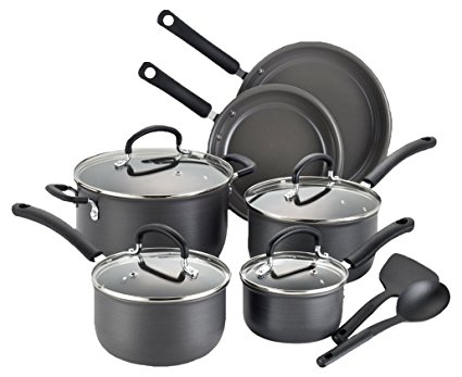 T-fal E789SC Precision Hard Anodized Nonstick Ceramic Coating PTFE PFOA and Cadmium Free Scratch Resistant Dishwasher Safe Oven Safe Cookware Set, 12-Piece, Black