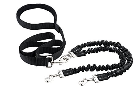 Ewolee Dual Double Dog Leash Coupler with Retractable Soft Grip Rubber Handle - Reflective Bungee Absorb Shock - No-tangle Dual Leash for Two Dogs,Reflective Stitching