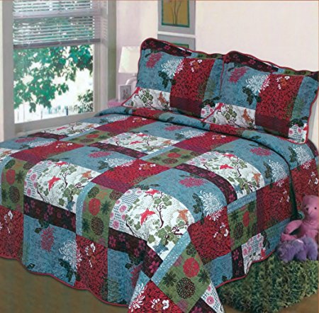 Fancy Collection 3pc Bedspread Bed Cover White blue green red floral print (Queen)
