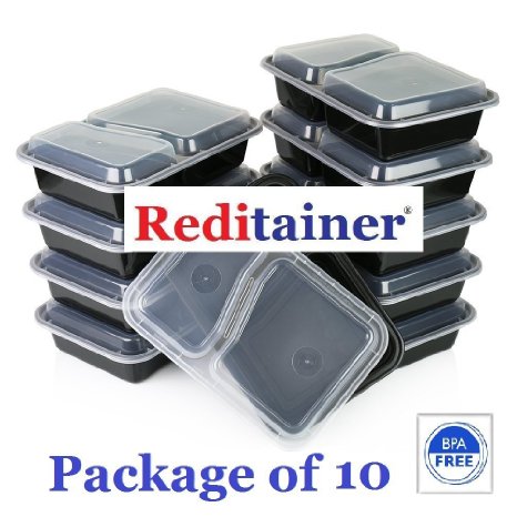 Reditainer - 2 Compartment Microwave Safe Food Container with LidDivided PlateLunch Tray with Cover 10 Pack