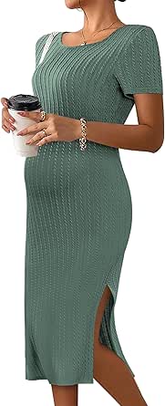 Ekouaer Maternity Dress Rib Knit Short Sleeve Bodycon Dresses Casual Stretchy Pregnancy Clothes S-XXL