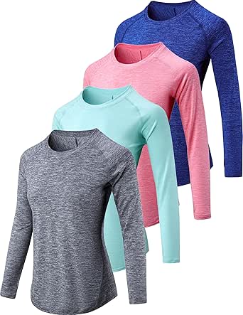 4-Pack: Womens Long Sleeve Athletic Tops with Thumb Holes – Dry Fit Active Crewneck Workout Tees