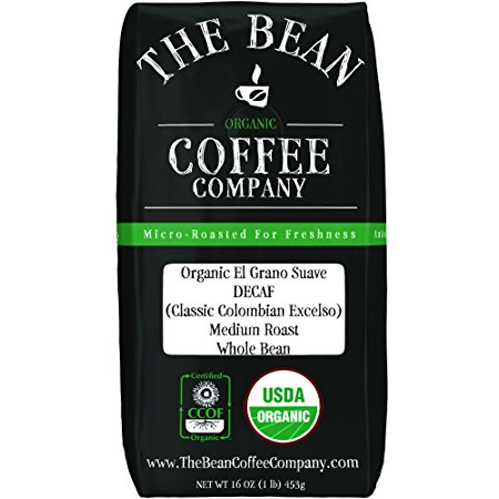 The Bean Coffee Company Organic Decaf El Grano Suave (Classic Colombian Excelso), Medium Roast, Whole Bean, 16-Ounce Bag