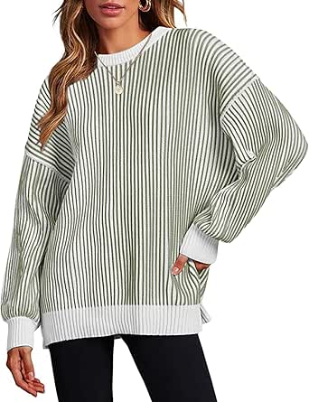 Zeagoo Women 2024 Fall Sweater Crew Neck Casual Long Sleeve Color Block Loose Pullover Rib Knit Blouse Tops XS-2XL