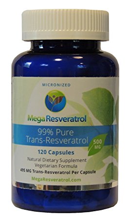 Mega Resveratrol, Pharmaceutical Grade, 99% Pure Micronized Trans-Resveratrol, 120 vegetarian capsules, 500 mg per capsule. Purity certified. Absolutely no excipients, fillers, binders, flow agents or preservatives added, (a.k.a inactive-ingredients)