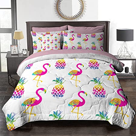 BlessLiving Girls Tropical Bed in A Bag Flamingo and Pineapples Bedding Sets Twin with Comforter 8 Pieces - 1 Comforter, 2 Pillow Shams, 1 Flat Sheet, 1 Fitted Sheet, 1 Cushion Cover, 2 Pillowcases