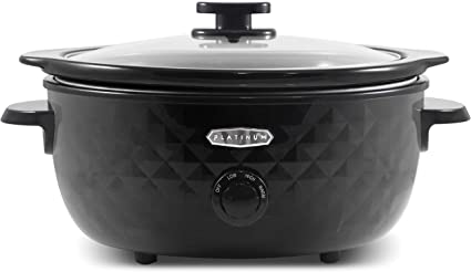 Elite Gourmet MST1234BX# Diamond Pattern Slow Cooker Removable, Dishwasher-Safe Stoneware Pot with Tempered Glass Lid, Cool-Touch Handles, 6 Quart, Charcoal Black