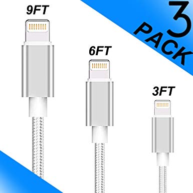 iPhone Charger 3Pack 3FT/6FT/10FT(1M/2M/3M) Nylon Braided 8 pin Charging Cables USB Charger Cord, Compatible for iPhone X/8/8 Plus/7/7 Plus/6/6 Plus/5/5S/5C/SE/iPad and iPod (silver white£