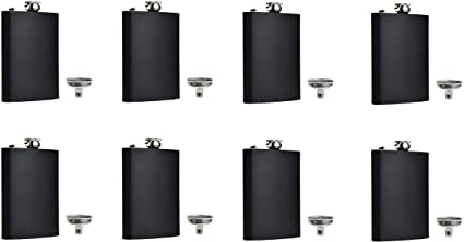 FF Elaine Black Flask Stainless Steel with Funnel,8 oz, Set of 8