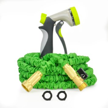 Expandable Collapsible Shrinking Garden Hose - Best 50 ft Heavy Duty Flexible with Solid Brass Fittings Connectors, Metal 8-Way Water Spray Nozzle - 50 feet - Lightweight, Green