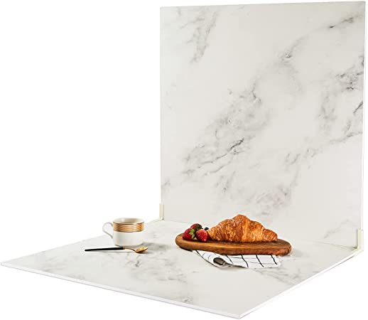 BEIYANG 3PCS White Marble Photo Backdrop Boards with 3 PCS Brackets for Food Photography Background, Waterproof Photo Backgrounds for Product Photography 24x24in