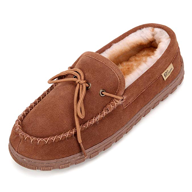 Men's Moccasin Slippers, Slip On Shoes with Cow Suede Sheepskin Plush Lining Warm Comfortable Anti Slip Indoor Outdoor Driving Shoes