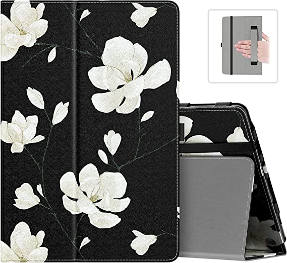 MoKo Case Fits All-New Kindle Fire HD 10 & 10 Plus Tablet (11th Generation, 2021 Release) 10.1" - Slim Folding Stand Cover with Auto Wake/Sleep, Black & White Magnolia