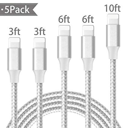iPhone Charger, Mfi Certified Lightning Cables 5Pack 2x3FT 2x6FT 10Ft to USB Syncing Data and Nylon Braided Cord Charger for iPhone XS/Max/XR/X/8/8Plus/7/7Plus/6S/Plus/SE/iPad and More