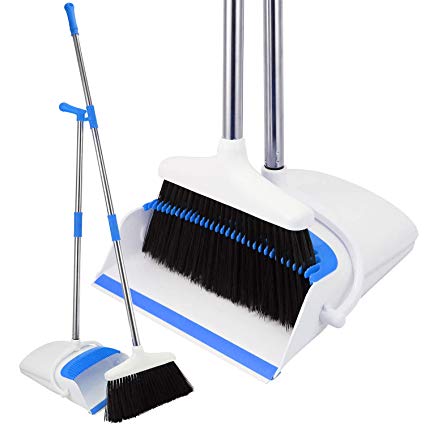 Broom and Dustpan Set - Strongest 30% Heavier Duty - Upright Standing Dust Pan with Extendable Broomstick for Easy Sweeping - Easy Assembly Great Use for Home, Office, Kitchen, Lobby Etc.- by Kray