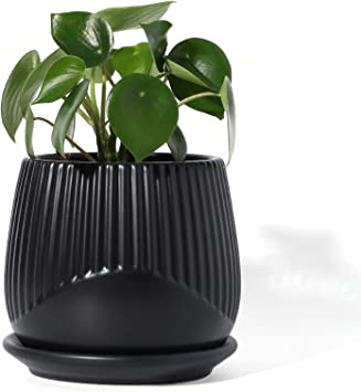 Ceramic Plant Pot - POTEY 5 Inch Indoor Pot with Drainage Hole and Tray for All House Plants - 808, Black